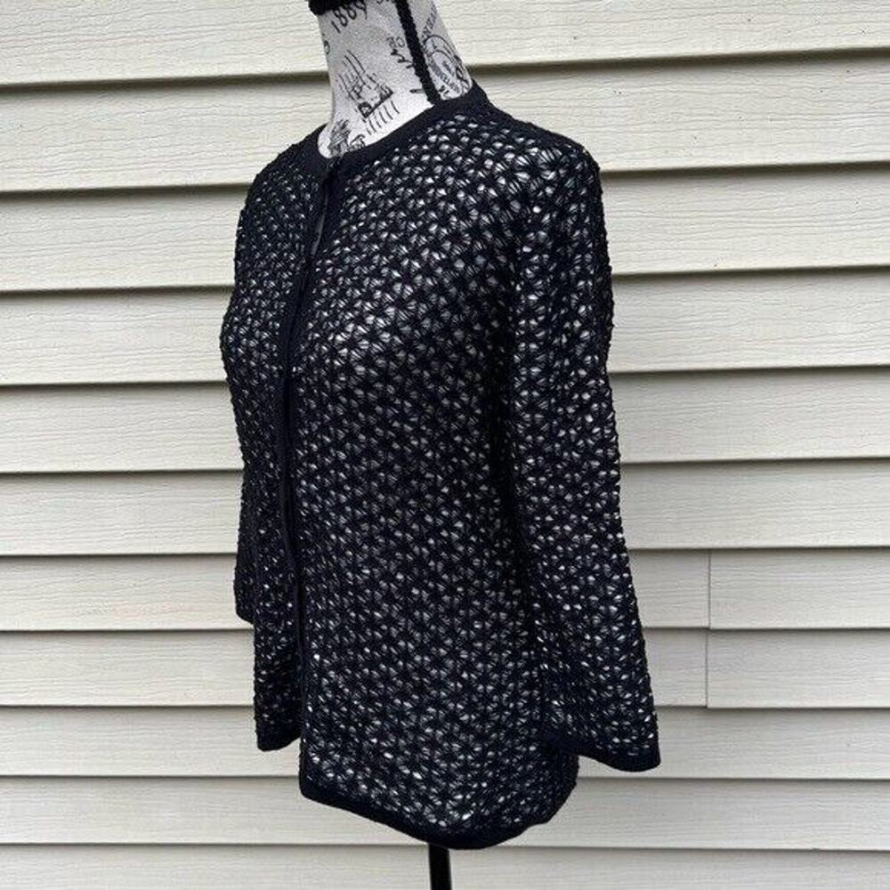 Anne Klein black and white knit mesh patterned button up cardigan